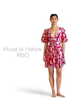 House of Harlow 1960 Vibrant Pink and White linen bubble Puff sleeve Dress 2
